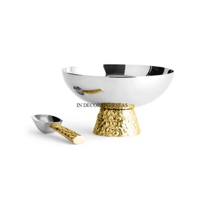 Bol de forme ronde en bois d'acacia de qualité supérieure avec base polie brillante argentée et feuilles plaquées or Fournitures de créateur - Product Image 4