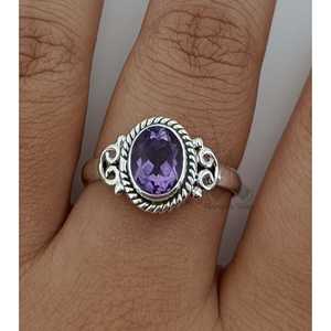Handmade Dainty Amethyst Oval Sterling Silver <b>Ring</b> with Inlay Boho <b>Statement</b> Gift for Her on Birthday Anniversary Christmas - Product Image 3