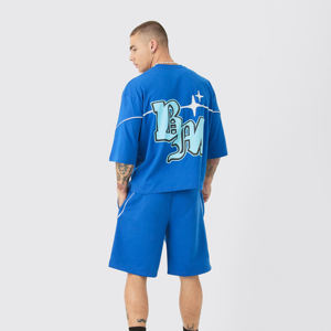 ชุดกีฬาสองชิ้นสำหรับผู้ชายฤดูร้อนเสื้อยืดแขนสั้นอินเทรนด์กางเกงขาสั้นลำลองทรงหลวมถักแบบหล่อ - Product Image 2