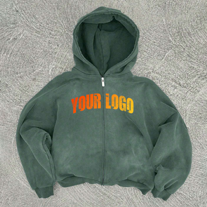 Sweats à capuche pour hommes personnalisés, brodés de strass, double fermeture éclair, capuche, poids lourd, 100% coton molletonné, 370g, haute qualité, lavage délavé au soleil - Product Image 5