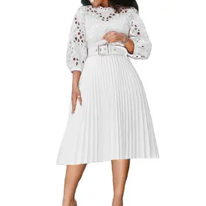 Robe d'été demi-col roulé manches trois-quarts grande taille dentelle crochet sexy évider robe plissée pour femmes