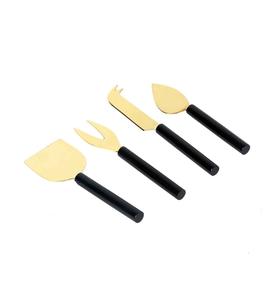 Elegant Cutlery Knifes <b>Set</b> Metal Gold Plating Cake Cutting Knife & Server With <b>Black</b> Finishing Handle Cheese Knife <b>Set</b> of 4 Pcs - Product Image 1