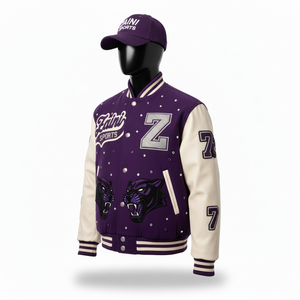 Veste universitaire en laine de haute qualité avec manches en cuir PU Logo de broderie en chenille personnalisé Veste universitaire de couleur violette pour hommes - Product Image 3