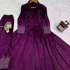 Luxury Chinon Silk Ethnic Ensemble Top with Micro Inner Intricate Thread Sequnce & Potali Button <b>Detailing</b> in wholesale - Product Image 1