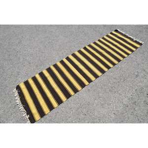 Modern Handmade Wool <b>Rug</b> 210 X 730 cm Yellow Black Striped Size for Entryway 10mm <b>Thickness</b> Latex Rectangle Patchwork Style - Product Image 2