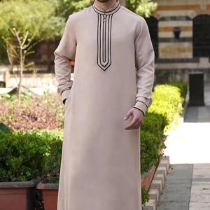 Thobe arabe traditionnel pour hommes robe Abaya en lin de coton solide manches longues poches décontracté ethnique Jubba Style arabie saoudite - Product Image 1