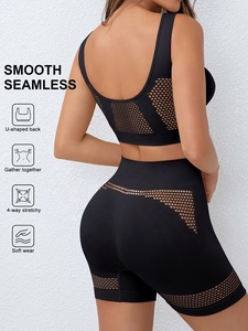 Black Two Piece Yoga Set Scoop Neck Racerback Sports Bra High Waist Shorts <b>Mesh</b> Cut-Out Breathable Seamless Workout Wear Women - Product Image 5