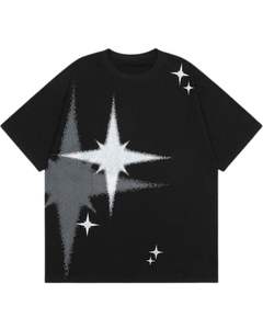 Camiseta Personalizada para Hombre, Negra, con Estampado Gráfico de Estrella, Estilo Urbano, de Algodón, Manga Corta, Corte Holgado, Informal, Moderna - Product Image 1