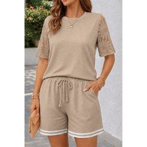 Women'<b>s</b> Short-Sleeved Crew Neck Waffle <b>Blouse</b> <b>and</b> Shorts Two-Piece Set, 34608 - Beige - Product Image 1