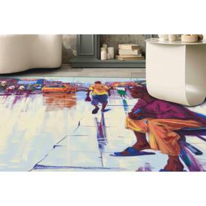 Tapis imprimé en chenille avec motif de femme africaine dans une rue abstraite et un parapluie, tapis fin non tissé - Product Image 1