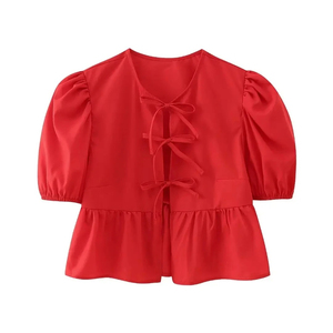 Camisa Vintage de manga de murciélago de algodón de talla grande para mujer, blusa elegante con cuello vuelto y cordones, blusa recortada de primavera y verano 2025 - Product Image 3