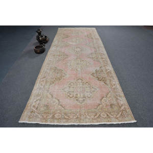 Vintage 4.7ft X 12.4ft Grande Surface Tapis Turc Classique Rose & Beige Patchwork Conception Laine Matériel Latex Support pour Chambre d'Adolescent - Product Image 1