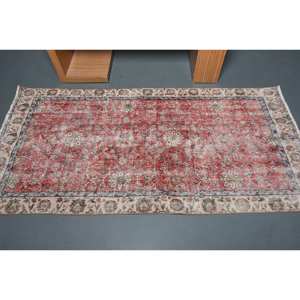 Alfombra turca de área grande tradicional rojo Beige 3,3X6,8 pies Piel de lana látex rectángulo diseño de retazos abstractos para habitación de pasillo - Product Image 3