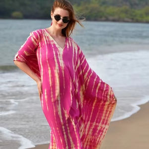 Multicolor hecho a mano Beachwear Loose Fit Summer Boho Tye and Dye Kaftans Loose-Fit Tie-Dye Beach Dress - Product Image 5