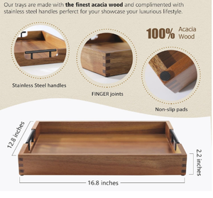 Plateau de service en bois d'acacia rectangulaire décoratif fait à la main de qualité durable pour l'hôtel et le restaurant - Product Image 3