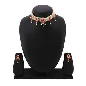 Bijoux traditionnels indiens pierre de couleur blanche et rose avec collier de perles de cristal de conception de forme florale pour la mariée - Product Image 2