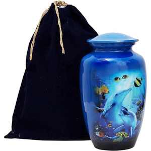 Modern Ocean Dolphin Scene Cremation Urn with Blue Finish and <b>Velvet</b> <b>Bag</b> for Adult Memorial Ashes - Product Image 1