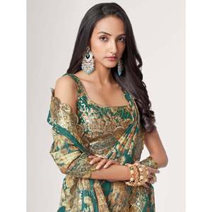 Gorgeous Teal Blue Floral <b>Print</b> Classic Saree with Blouse Organza Wedding Dress - Product Image 5