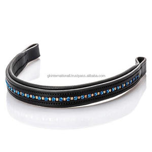 Bande de sourcil de cheval en cuir rembourré doux de vache à canal vide de forme droite faite à la main incrustée de cristaux bleus marins décoratifs bling - Product Image 4