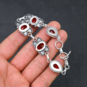Elegant Lab Created Red 5 Oval 10x14 MM Stones in Silver Plated <b>Metal</b> <b>Bracelet</b> for Unisex IGI Certified Luxury 7-8" - Product Image 3