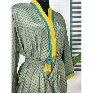 Recycled Vintage <b>Silk</b> Sari Robe <b>Green</b> and Yellow Boho House Kimono Dressing Gown Beach Coverup and Bridesmaid Anniversary Gift - Product Image 5