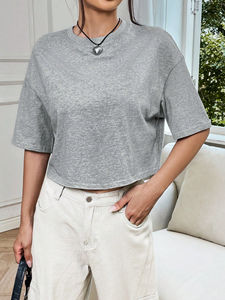 2024 Women's <b>Cropped</b> <b>T</b>-<b>Shirt</b> Crew Neck Drop Shoulder 100% Cotton Loose <b>Fit</b> High Quality Fully Customizable Quick Dry Breathable - Product Image 4