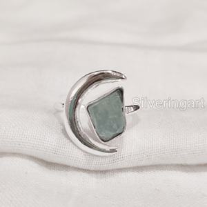 Joyería de piedra en bruto, anillo de mujer, aguamarina Natural, piedra preciosa en bruto, piedra natal de marzo, anillo de luna creciente, anillo de Plata de Ley 925 - Product Image 4