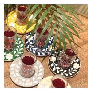 Artisanat de qualité, plateau de service à dessert en bois d'acacia brun avec incrustation de nacre, ensemble de 3 pièces, pot en acrylique, 35x35x1,5 cm, certifié EPCH - Product Image 1