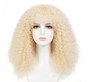 Peluca larga rizada y crespa rubia platino, hecha a máquina, con gorro de malla elástica, peluca completa de cabello sintético para mujeres - Product Image 1