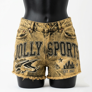 Shorts de mezclilla premium con lavado ácido, de algodón grueso, con dobladillo sin rematar, estilo streetwear, con logo serigrafiado, shorts de mezclilla para mujer con lavado ácido. - Product Image 4