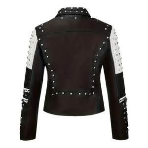 Fashionable black and white contrasting rivet motorcycle leather <b>jacket</b> with multiple pockets, slim fit rock punk style <b>jacket</b> - Product Image 3