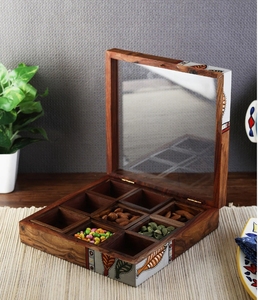 Red Leaf Mango Wood Spice Box with 9 <b>Partitions</b> Containers spice container with spoon <b>wooden</b> kitchen decor Removable Compartment - Product Image 3