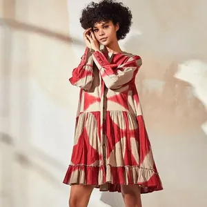 Cotton Fabric Floral Printed Long Sleeve Red Mulmul Tie And Clamp Round Dress Sleepwear Dress With Button Midi Dress For Women
