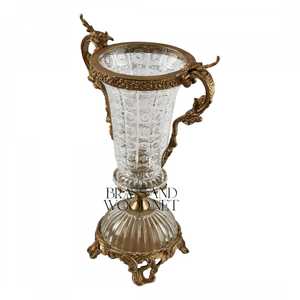 Jarrón decorativo de latón antiguo y cristal con patrones grabados asas doradas adornadas diseño vintage lujoso - Product Image 4