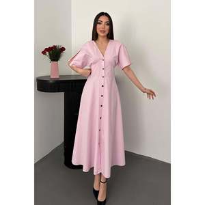 Robe en popeline rose boutonnée mi-longue - Rose - Product Image 2