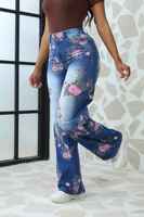 2025 été décontracté taille haute imprimé jean pour femmes ample droit Tube motif fleuri Denim pantalons longs plaine printemps