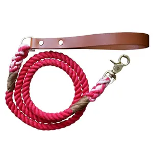 Red Cotton Rope Ombre Dog Leash Slip Leads Leather Handle Pet Products Dogs Leads Matching Collars Braided Best Price