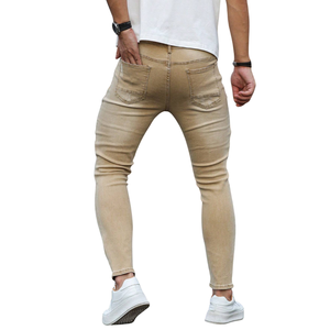 <b>Mens</b> Khaki Solid Mid Rise Ripped Pencil Pants Distressed <b>Stretch</b> Denim Breathable Quick Dry Slim Fit Casual Enzyme Wash - Product Image 2