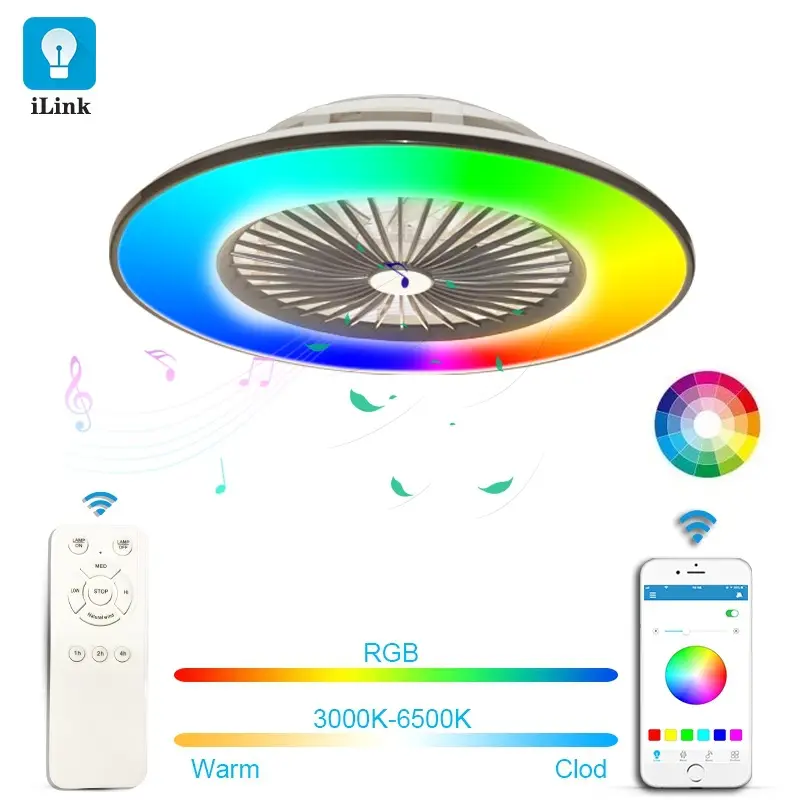 Colorful Designer Music RGB Remote App Control Modern Smart Home Lights Living Room Chandelier Fan Ceiling Lamps Led Ceiling Fan