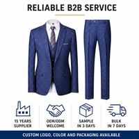Setelan Jas Pria 3 Potong Motif Kotak-kotak Slim Fit, Jaket Kancing Tunggal, Rompi, Celana untuk Pernikahan dan Bisnis