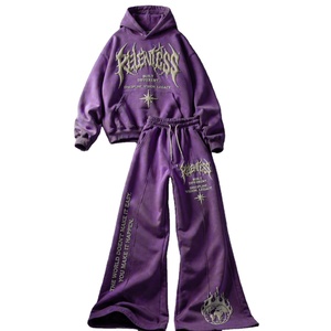 Ensemble de survêtement deux pièces personnalisé en coton respirant avec pantalon évasé, imprimé en relief et délavé à l'acide - Product Image 4