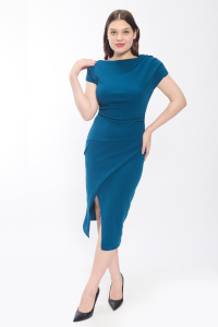 Vestido MIDI ajustado de cóctel de mujer a la moda con cuello barco fuera del hombro y diseño plisado frontal en mezcla de algodón - Product Image 6