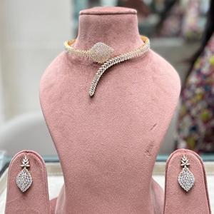 Designer High Quality <b>Gold</b> Finish Zircon Stones Look Necklace <b>Set</b> With <b>Earrings</b> Wedding Party Wear Collection For Women - Product Image 1