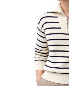 Manufacturer <b>Mens</b> Quarter Zip Knit Sweater White <b>With</b> Navy Blue Stripes Ribbed Collar Warm Winter Casual Pullover OEM Custom - Product Image 3