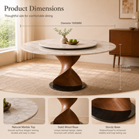 Table à manger ronde moderne en marbre écologique avec plateau tournant et piédestal en bois sculpté, 10 places