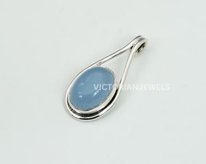 925 Colgante de Piedra natal de marzo de plata esterlina sólida con incrustaciones de ajuste de bisel de Calcedonia azul para colgantes de dijes - Product Image 3