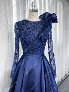 فساتين سهرة فريدة باللون الأزرق الملكي من الساتان بياقة طبيعية للفتيات، فساتين حفلات رسمية طويلة مزينة بالترتر واللؤلؤ والخرز - Product Image 2