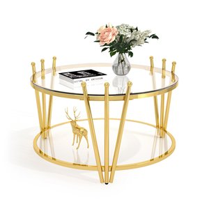 Mesa de centro redonda de cristal dorado con diseño de corona de acero inoxidable moderno, portátil y que ahorra espacio, perfecta para sala de estar DE LA India - Product Image 2