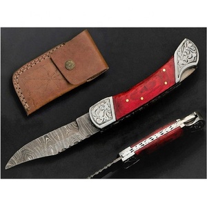มีดพกเหล็กดามัสกัสทำด้วยมือมีดตกปลาด้ามไม้ Pukka สีแดงปลอกหนังชั้นดีมีดตั้งแคมป์ออกแบบได้ตามต้องการ - Product Image 1