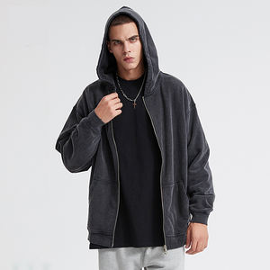 Heavy Pound 420g Lana Anillo Cremallera Sudadera con capucha 100% Algodón puro Retro Estilo antiguo Diseño forrado Técnica lavada Cuello con capucha Sólido - Product Image 5